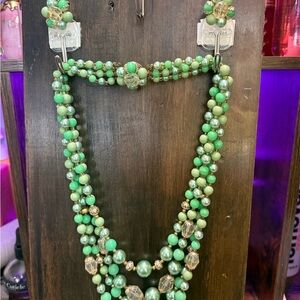 Vintage Green Multi-Strand Beaded Necklace and Earrings Set